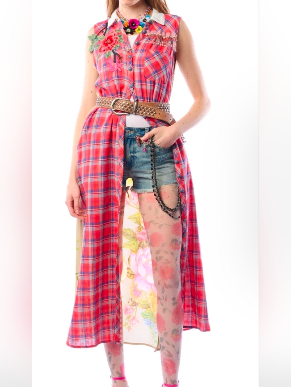 Red Plaid You Are A Beauty Duster Shirt Dress with Floral Panel Small